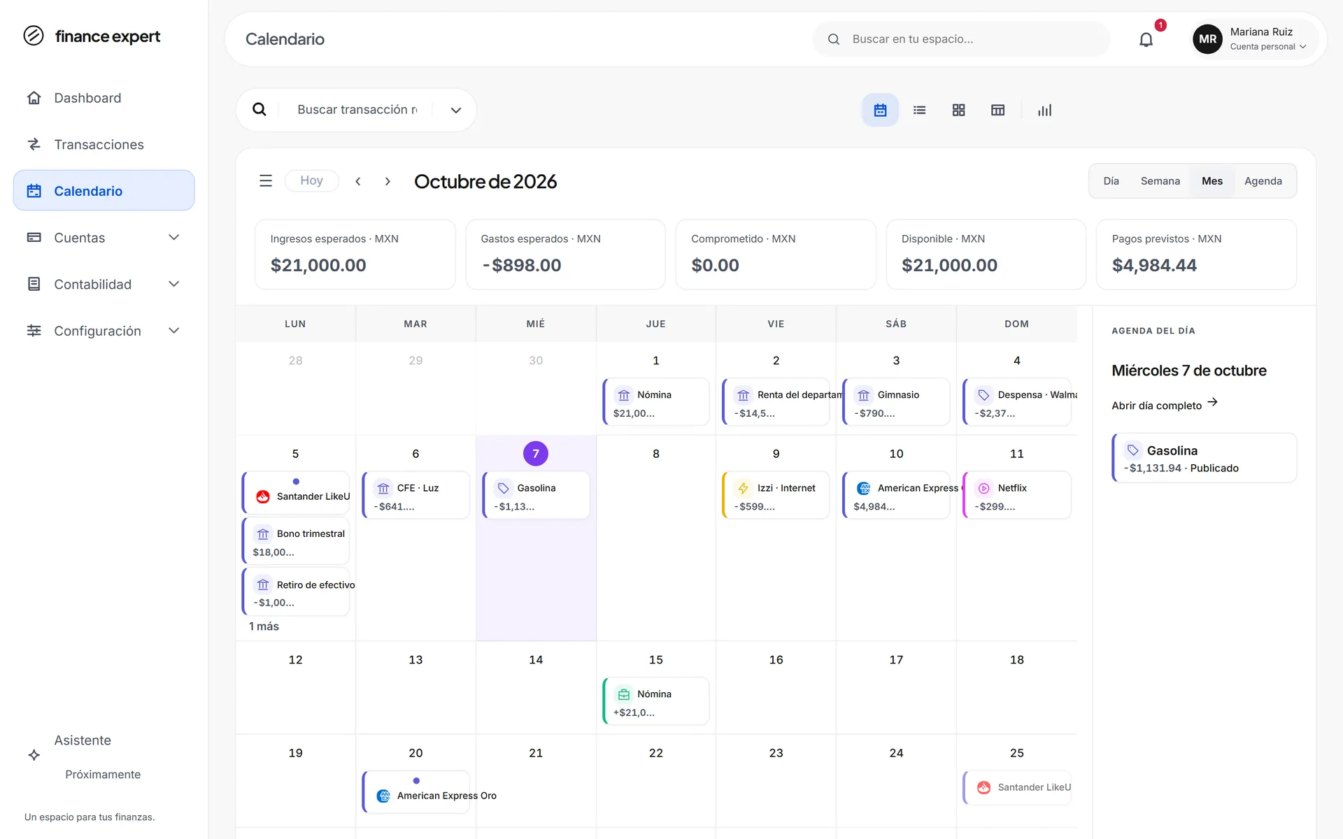 El calendario de Finance Expert con ingresos y gastos recurrentes