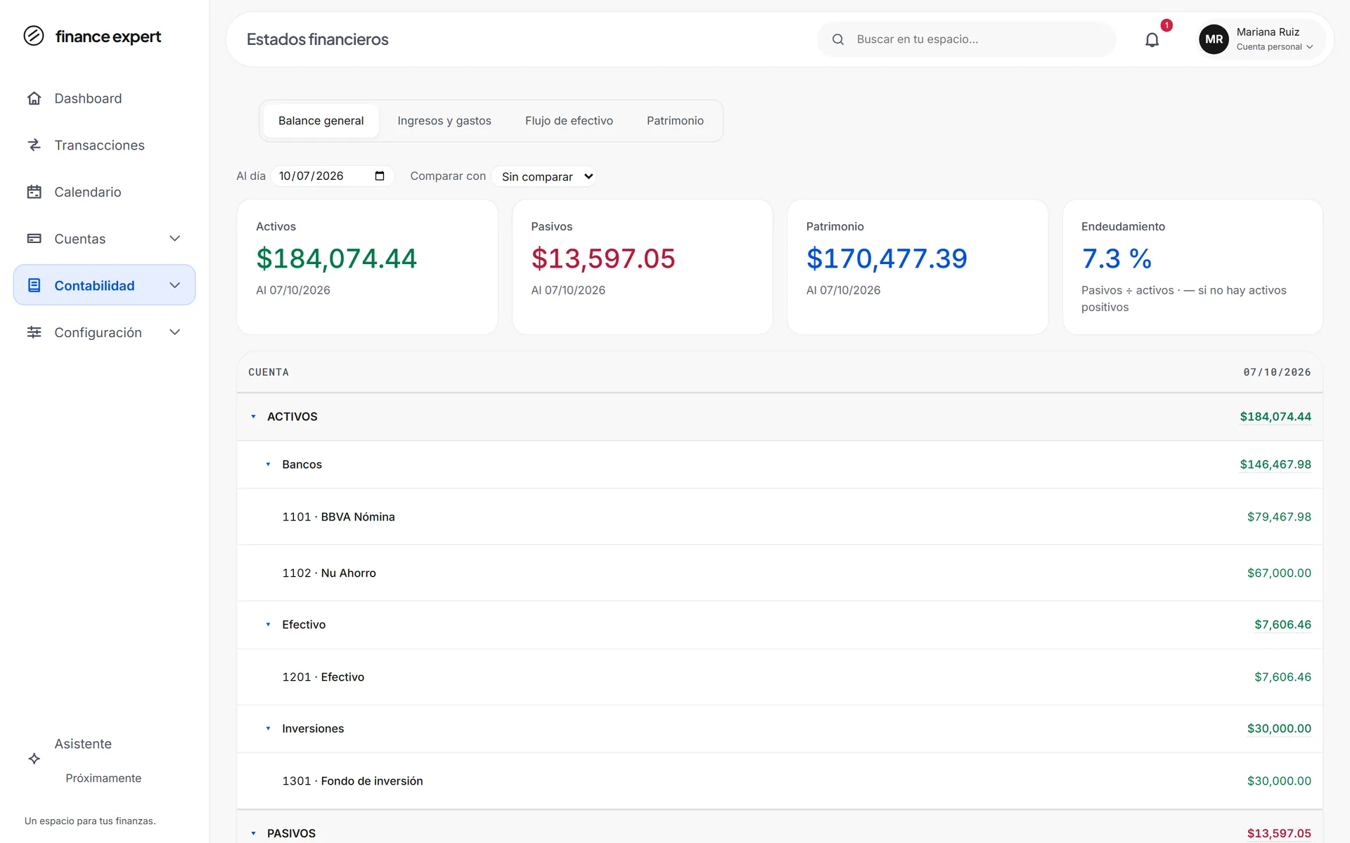El balance general de Finance Expert