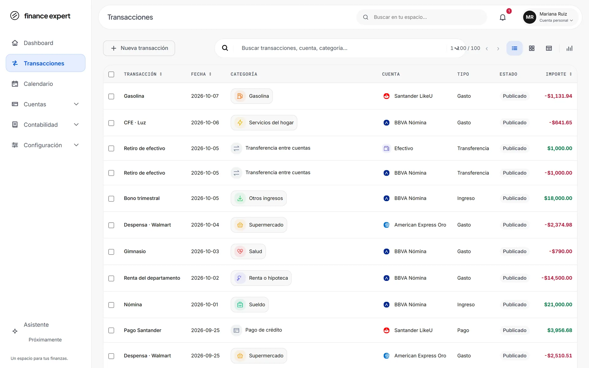 La lista de transacciones de Finance Expert